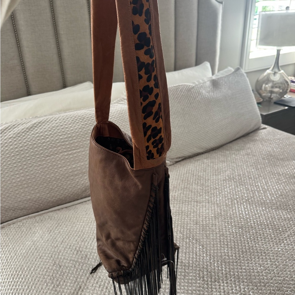 Brown Fringe Crossbody Shoulder Bag with Leopard Accent (all suede)
